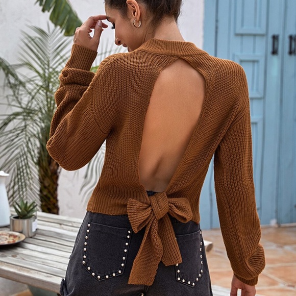Sweaters - rust brown open back tie ribbed fall sweater